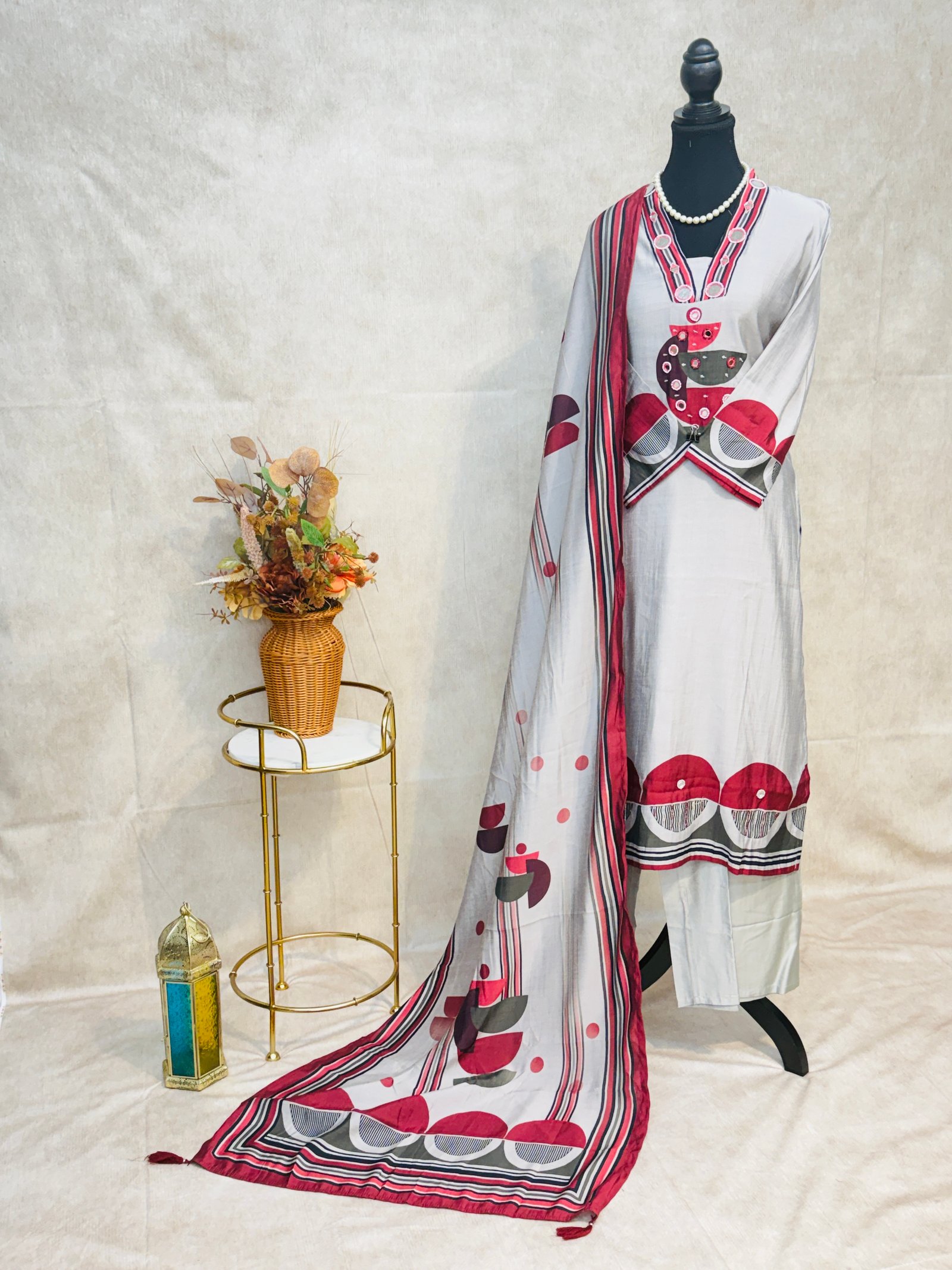 Pure Muslin Cotton Grey Suit with Mirror Detailing & Printed Dupatta
